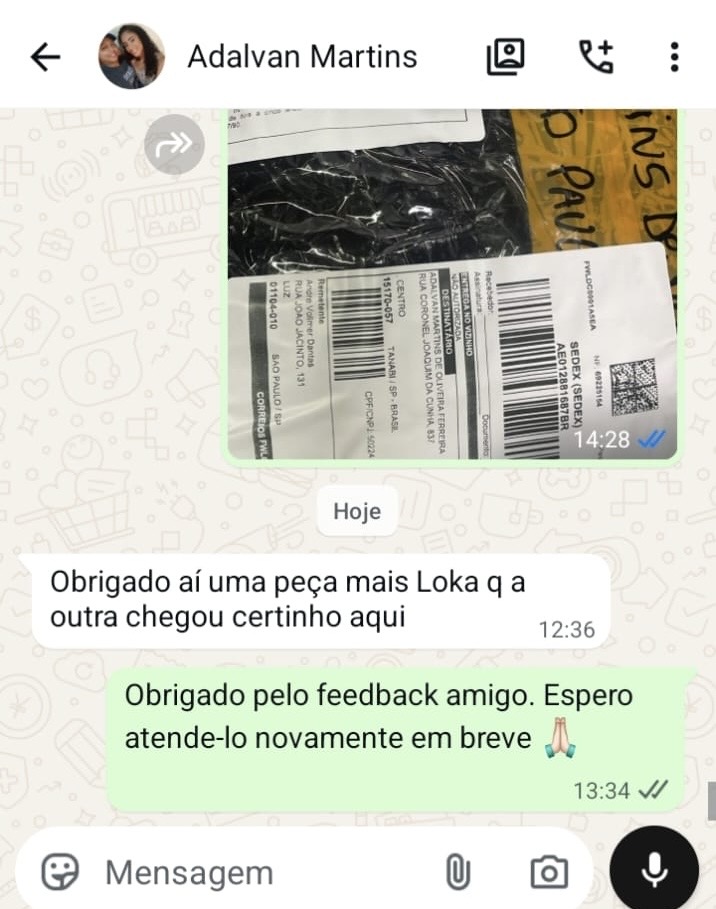 Cliente confirma que recebeu corretamente as peças e elogia os produtos da Dinos Griffes